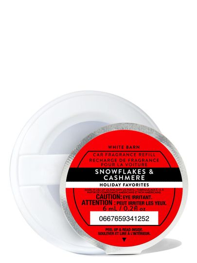Vánoční náplň do osvěžovače vzduchu do auta "Snowflakes & Cashmere" s červenou etiketou, Bath & Body Works.