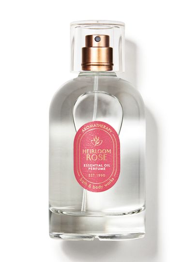 Apă de parfum Bath & Body Works Aromatherapy "Heirloom Rose" cu ulei esențial, în sticlă transparentă.