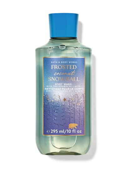 Sprchový gel "Frosted Coconut Snowball" se štítkem s ledním medvědem. Bath & Body Works.