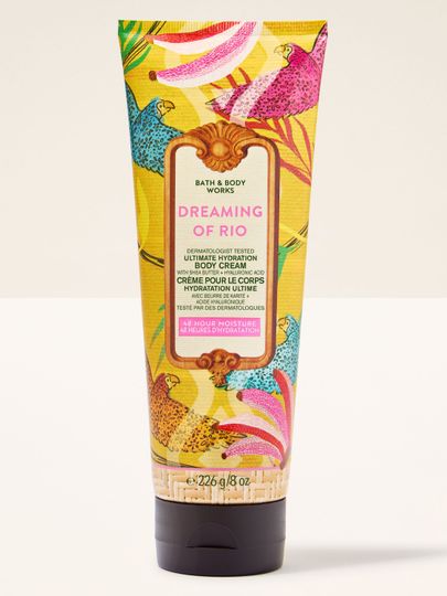 Cremă de corp Bath & Body Works Dreaming of Rio cu etichetă tropicală vibrantă.