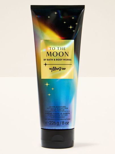 Černý tělový krém pro muže s holografickým motivem vesmíru a nápisem "To the Moon". Bath & Body Works.