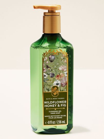 Bath & Body Works Wildflower Honey & Fig – gel pentru mâini în sticlă verde cu design floral.