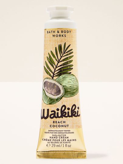 Cremă de mâini Waikiki Beach Coconut în tub galben, cu ilustrație de cocos și detalii tropicale.