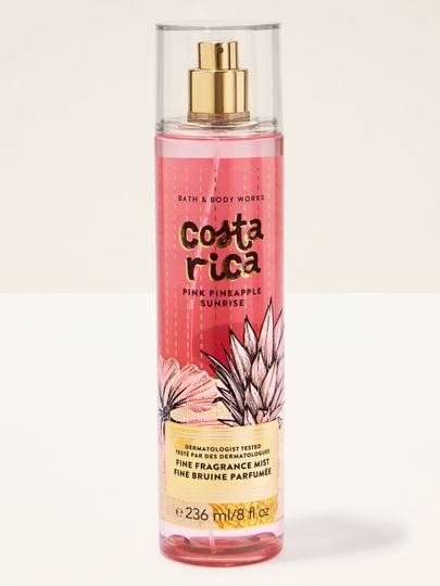 Mgiełcă parfumată Costa Rica Pink Pineapple Sunrise de la Bath & Body Works, flacon roz cu atomizor și grafică tropicală.