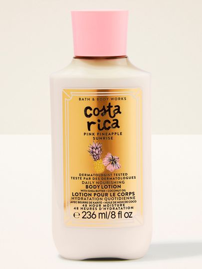 Loțiune de corp Costa Rica Pink Pineapple Sunrise în sticlă deschisă, cu capac roz și etichetă tropicală.