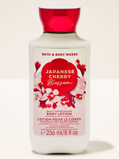 Loțiune de corp Japanese Cherry Blossom Bath & Body Works în sticlă albă cu flori roșii de cireș