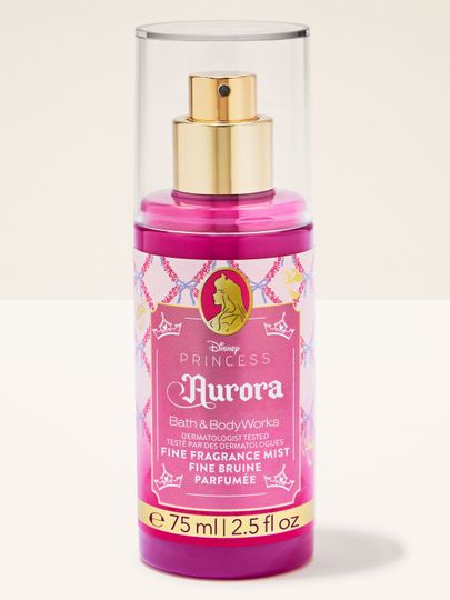 Mini spray parfumat Aurora din colecția Disney Princess de la Bath & Body Works, în flacon roz strălucitor.