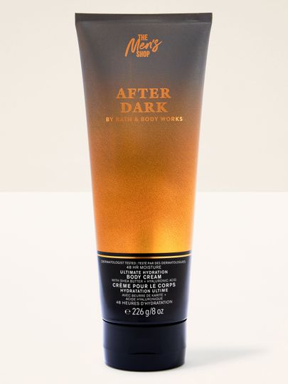 After Dark Men’s Shop Bath & Body Works – cremă de corp pentru bărbați în tub negru‑auriu cu hidratare 48h.