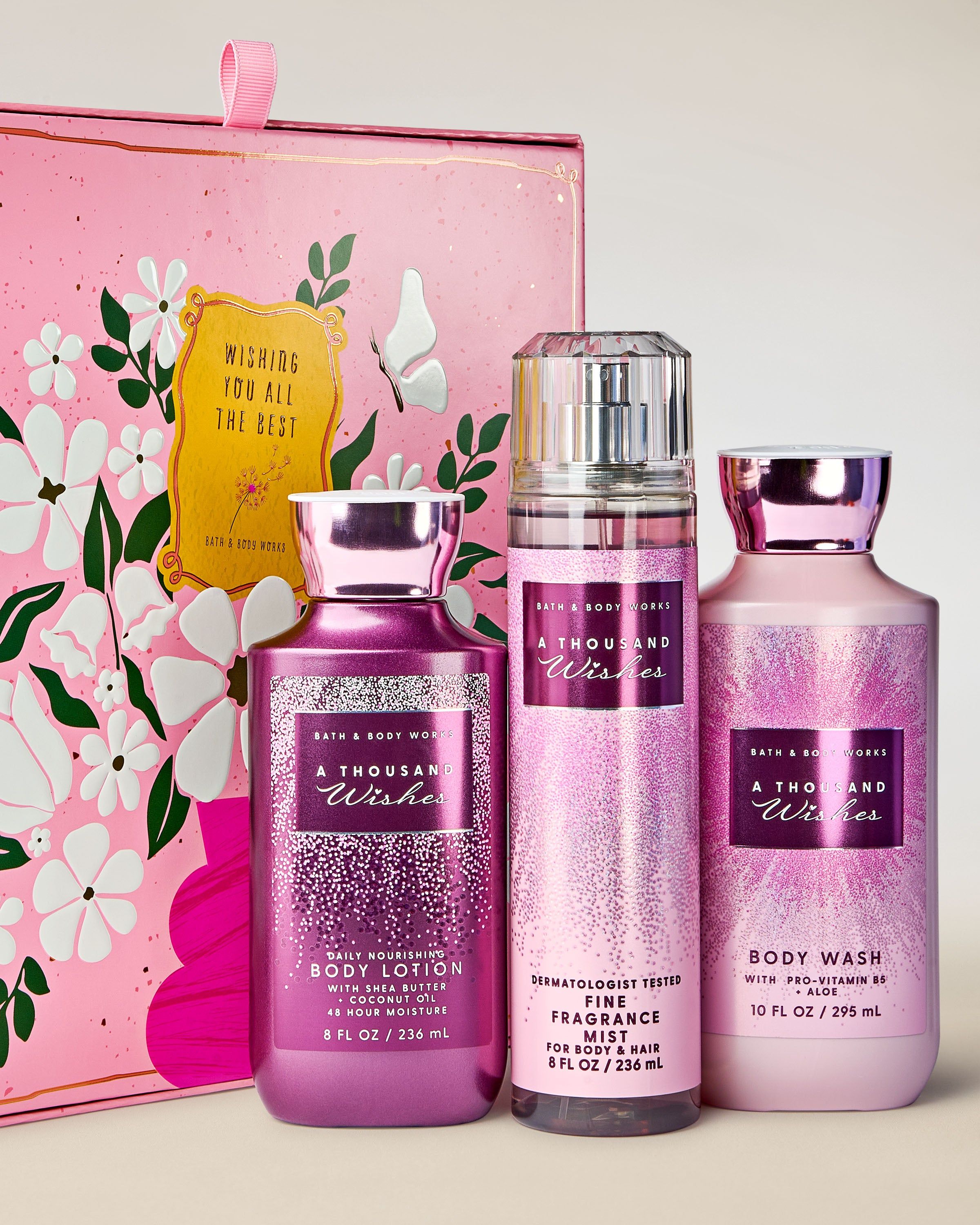 Set cadou Bath & Body Works A Thousand Wishes cu spray parfumat, gel de duș și loțiune de corp, în cutie decorativă.
