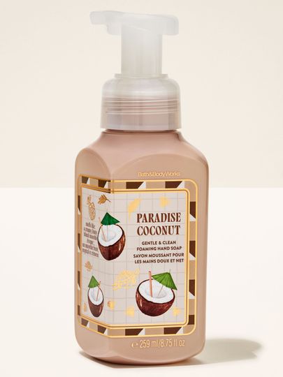 Săpun spumant pentru mâini Paradise Coconut de la Bath & Body Works, flacon deschis cu pompiță și etichetă cu cocos.