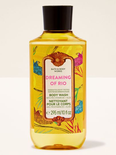 Gel de duș Bath & Body Works Dreaming of Rio cu etichetă tropicală vibrantă.