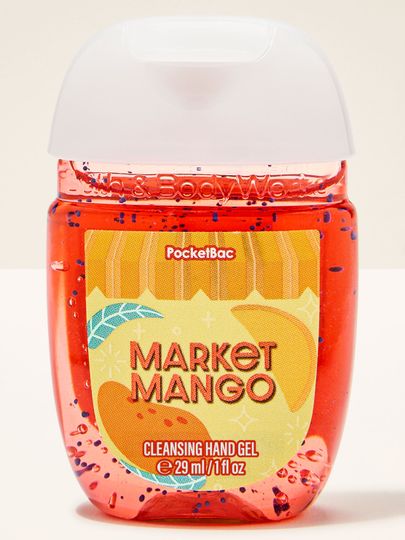 Market Mango – gel antibacterian PocketBac în nuanță mango, cu particule colorate și etichetă ilustrată cu fructe tropicale