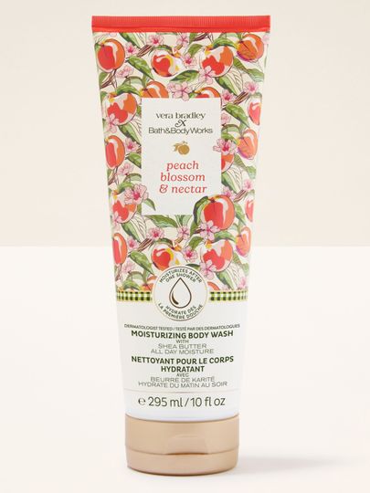Bath & Body Works Peach Blossom & Nectar – gel de duș hidratant într-un tub cu design floral‑fructat.