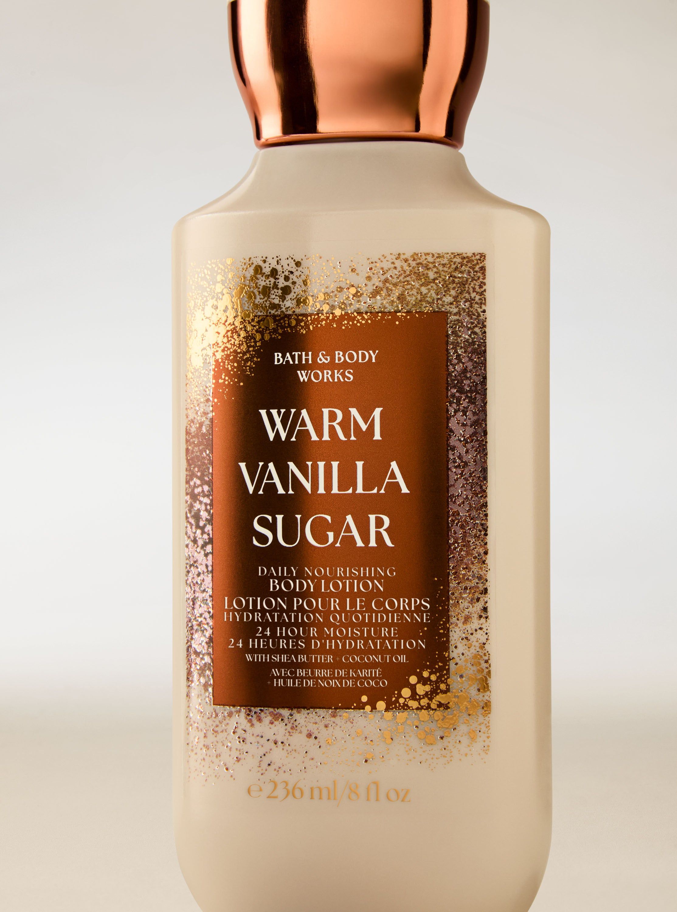 Loțiune de corp Bath & Body Works Warm Vanilla Sugar în flacon deschis cu capac arămiu