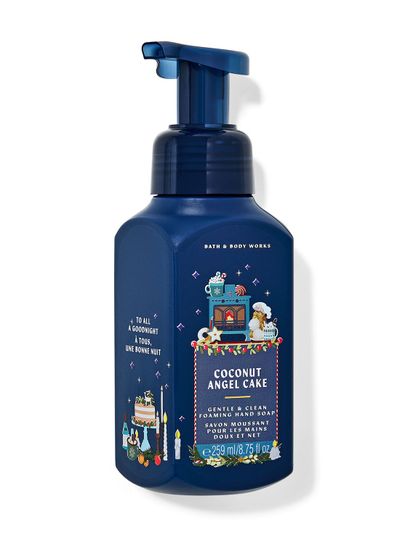 Pěnové mýdlo na ruce Coconut Angel Cake v tmavě modrém obalu s pohádkovým vánočním vzorem. Bath&Body Works.