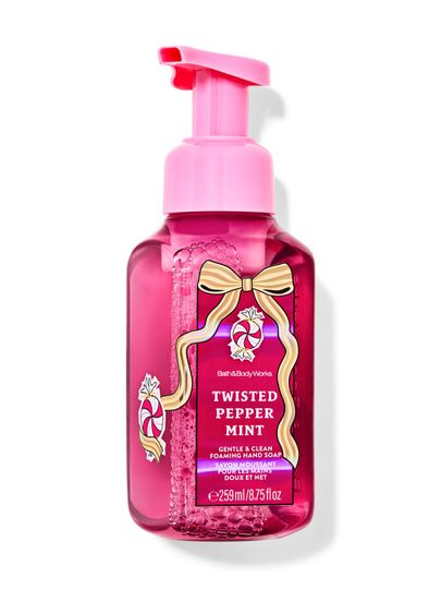 Săpun spumă Twisted Peppermint Bath & Body Works cu motiv de bomboană mentolată și fundă aurie