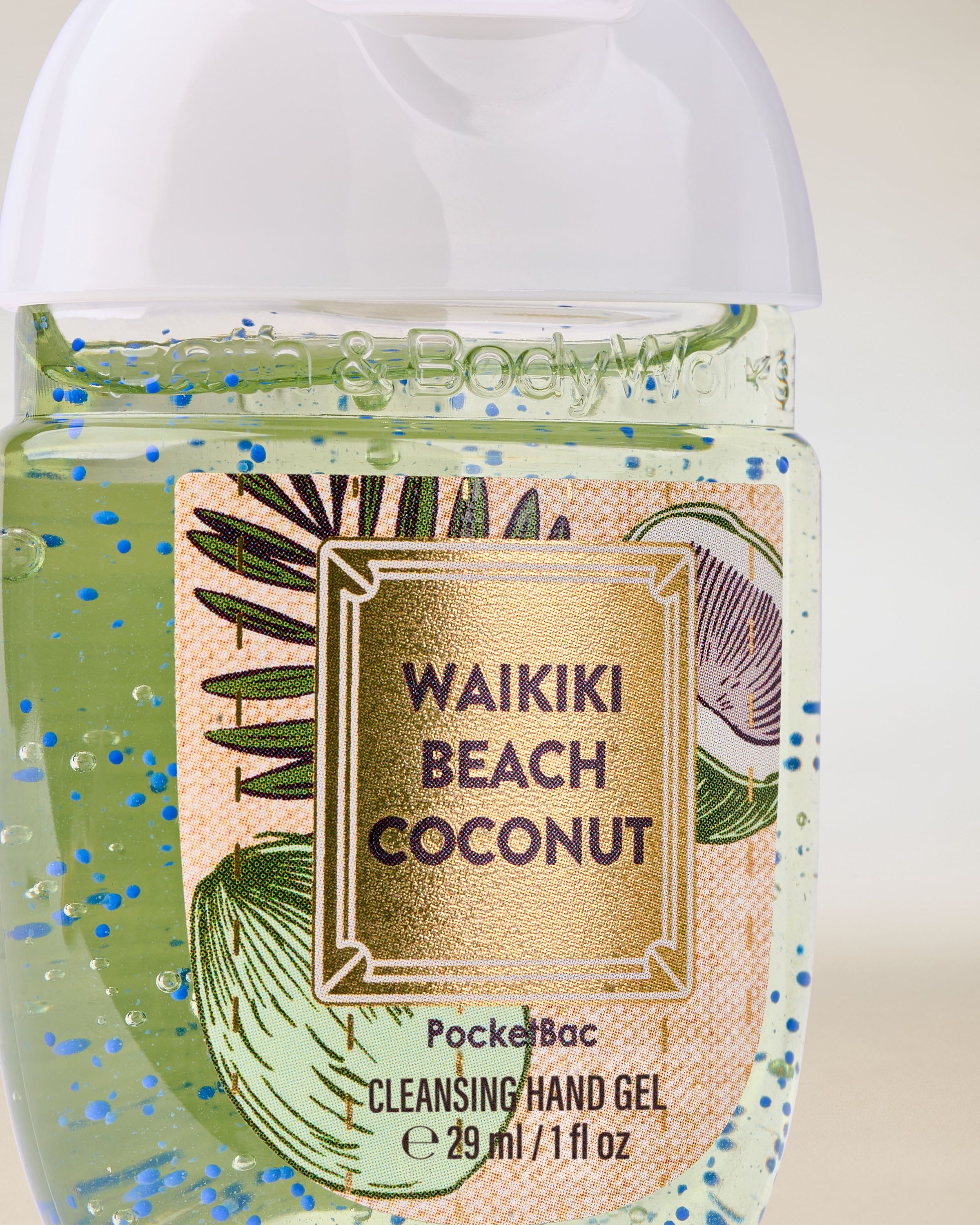 PocketBac Waikiki Beach Coconut – gel de mâini în recipient verde, cu capac alb și etichetă cu motiv de cocos.