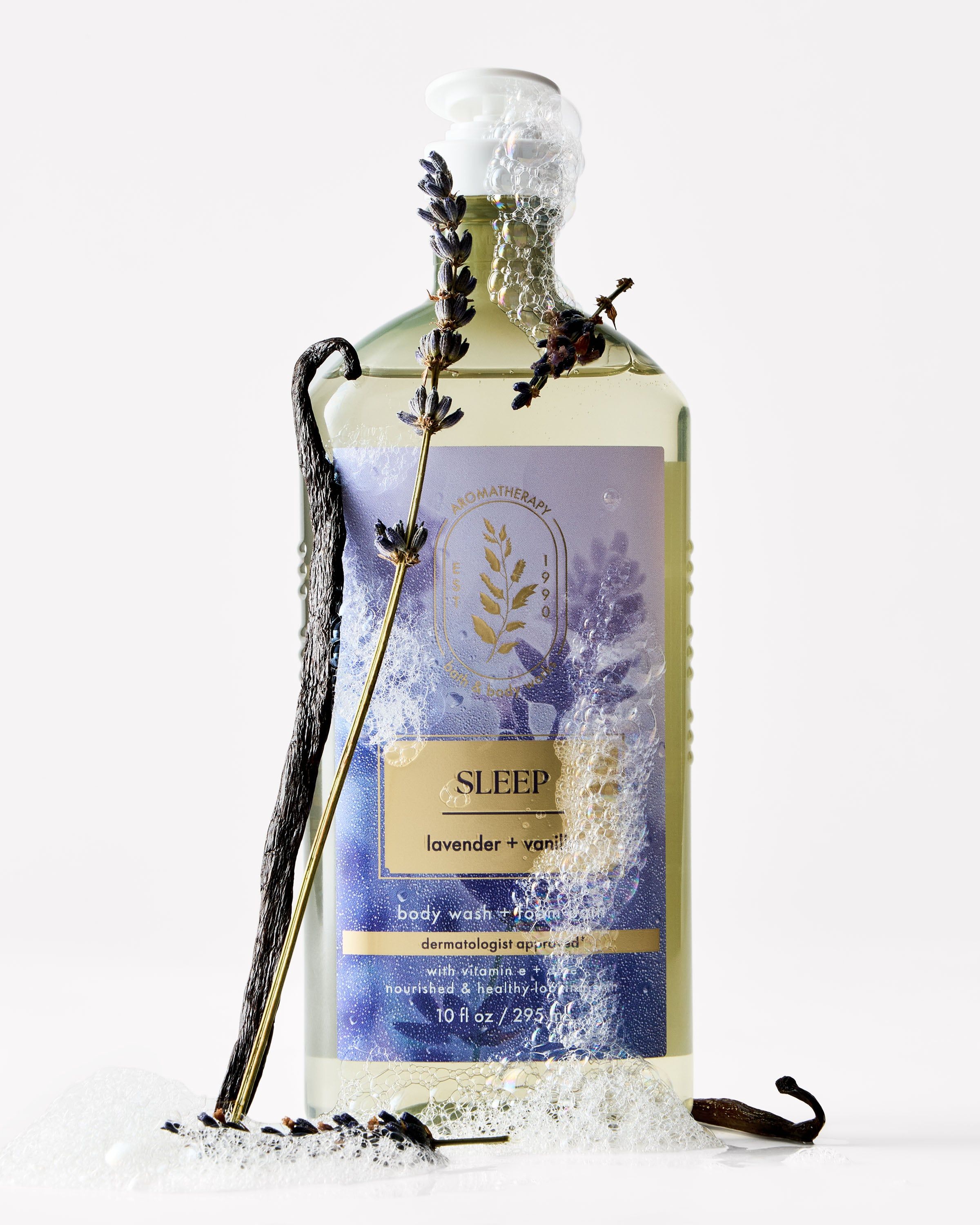 Gel de duș Aromatherapy Sleep Lavender + Vanilla cu lavandă, vanilie și spumă