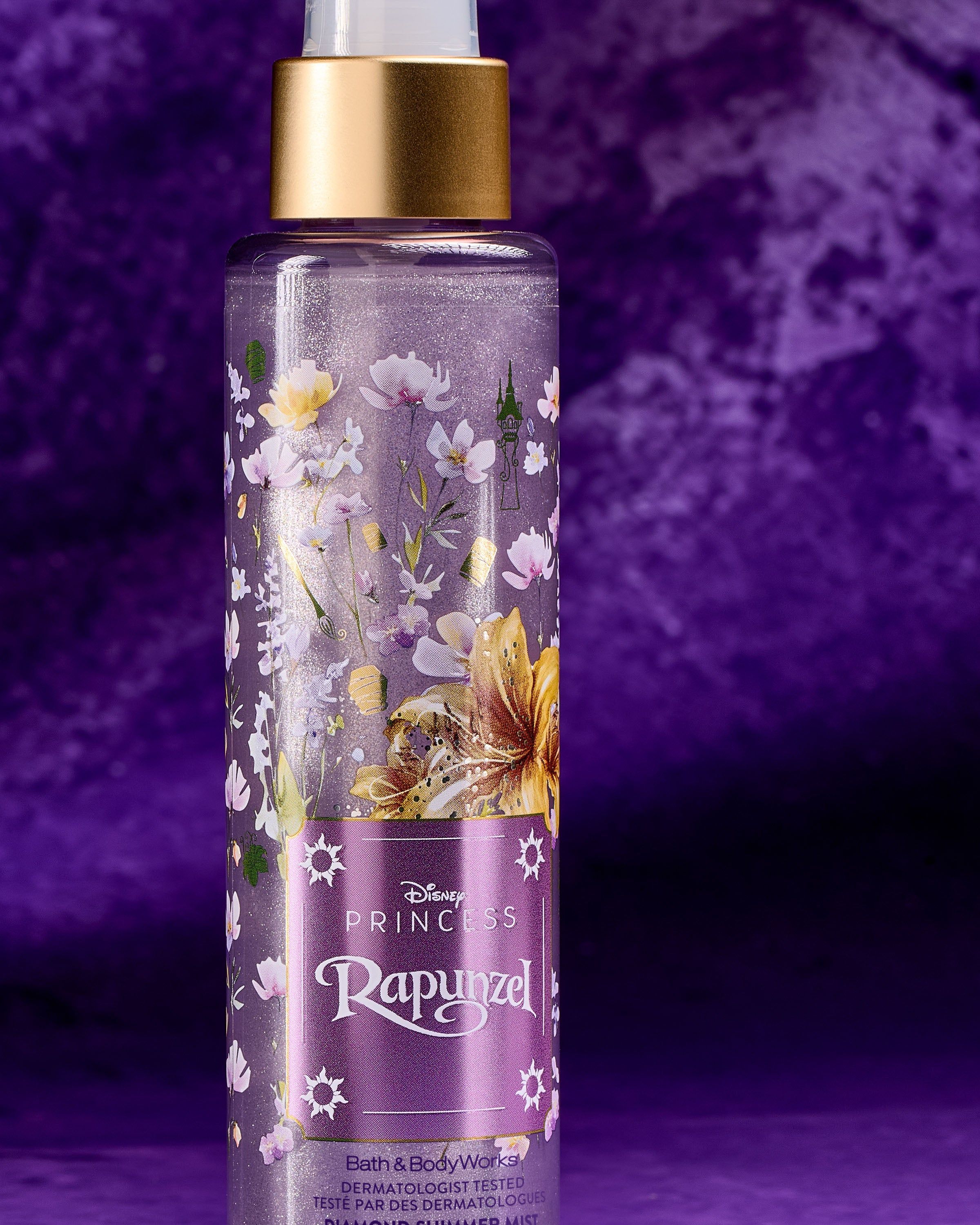 Sprayul Diamond din colecția Disney Princess Rapunzel de la Bath & Body Works, în flacon violet strălucitor.