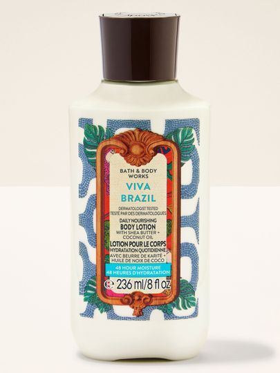 Loțiune de corp Viva Brazil în sticlă crem deschis, cu capac închis și etichetă decorativă în stil tropical.