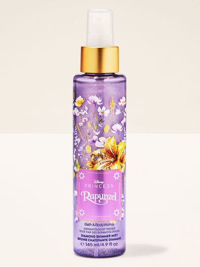 Sprayul Diamond din colecția Disney Princess Rapunzel de la Bath & Body Works, în flacon violet strălucitor.