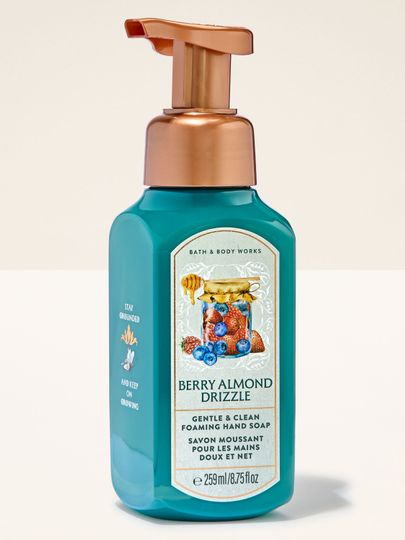 Săpun spumă pentru mâini Bath & Body Works Berry Almond Drizzle 259 ml, în flacon turcoaz cu pompă.