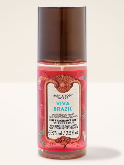 Mini mgiełcă parfumată Viva Brazil de la Bath & Body Works, flacon roșu cu atomizor și grafică decorativă.