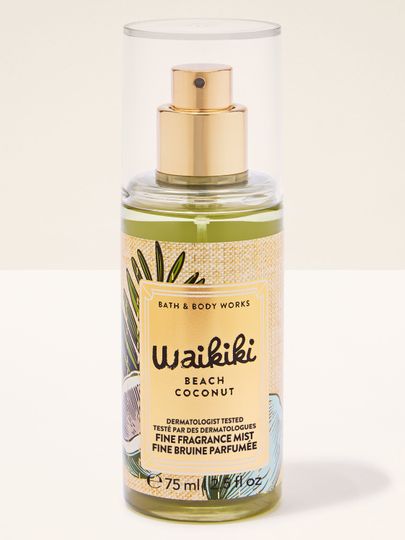 Mini mgiełcă parfumată Waikiki Beach Coconut de la Bath & Body Works, flacon verde cu atomizor.