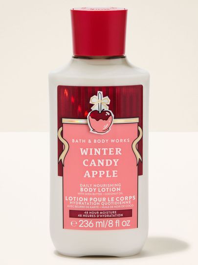 Loțiune de corp Winter Candy Apple Bath & Body Works cu etichetă de iarnă roșu-roz