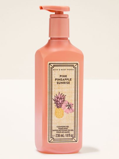 Pink Pineapple Sunrise – gel pentru mâini în ambalaj roz, cu pompă și etichetă tropicală cu ananas.