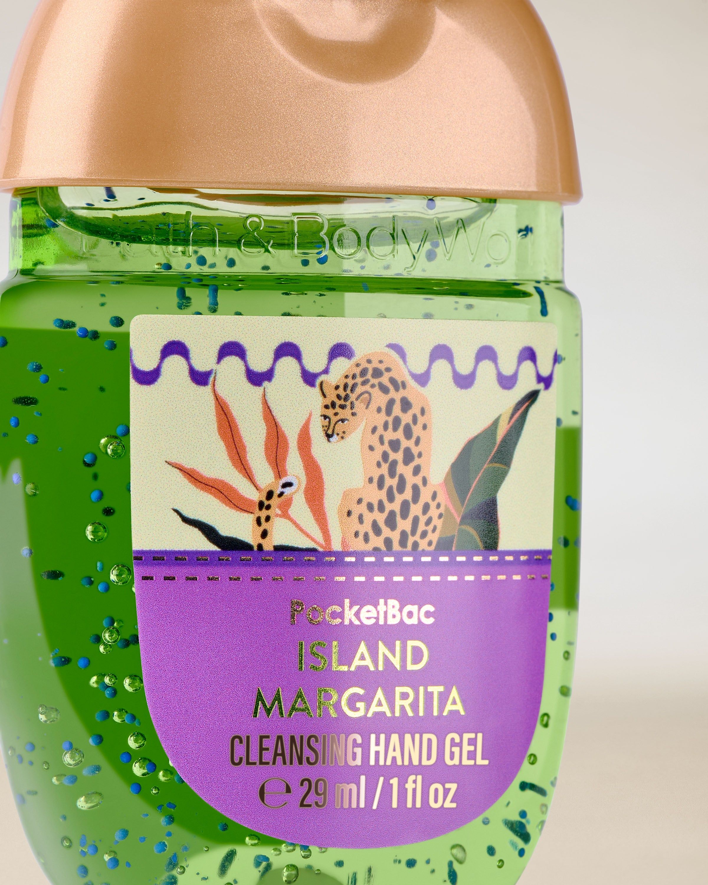 PocketBac Island Margarita Bath & Body Works cu gel verde și etichetă colorată.