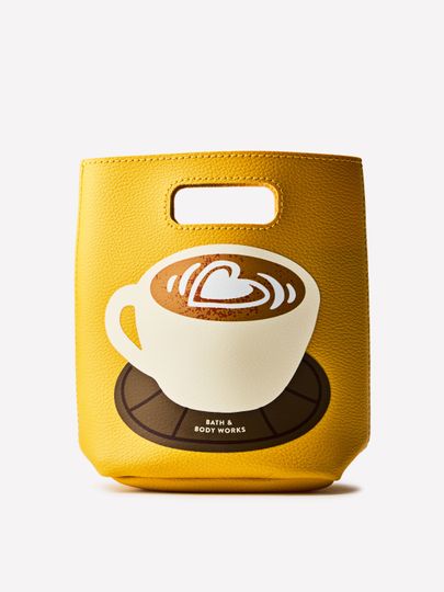 Geantă galbenă Bath & Body Works cu motiv de ceașcă de cafea și mâner decupat