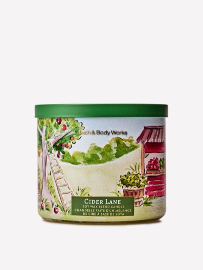Lumânare parfumată Bath & Body Works Cider Lane din amestec de ceară de soia, 3 fitiluri