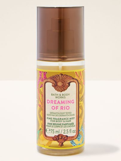 Mini spray Bath & Body Works Dreaming of Rio cu etichetă vibrantă și capac maro.