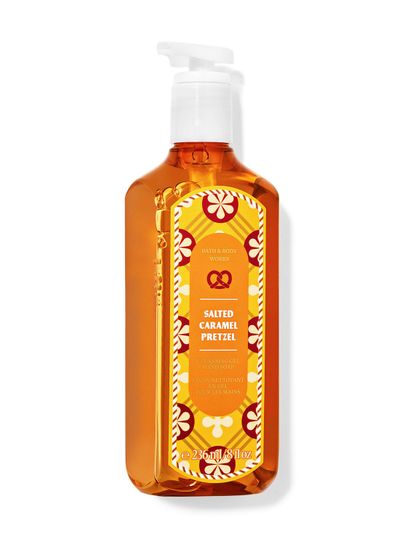 Karamelové gelové mýdlo na ruce „Salted Caramel Pretzel“ s motivem slaných preclíků. Bath & Body Works.