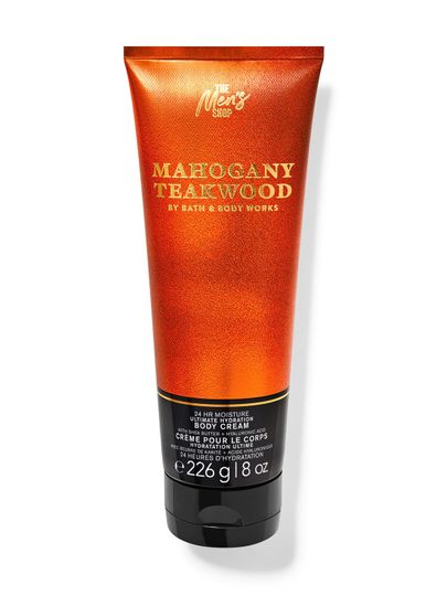 Cremă de corp Bath&Body Works Mahogany Teakwood. Tub mare, metalic, de culoare maro, cu sclipici și inscripții.