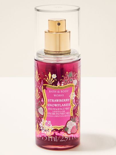 Mist parfumat pentru corp Strawberry Snowflakes Bath & Body Works în format de călătorie cu motiv de căpșuni și fulgi de zăpadă