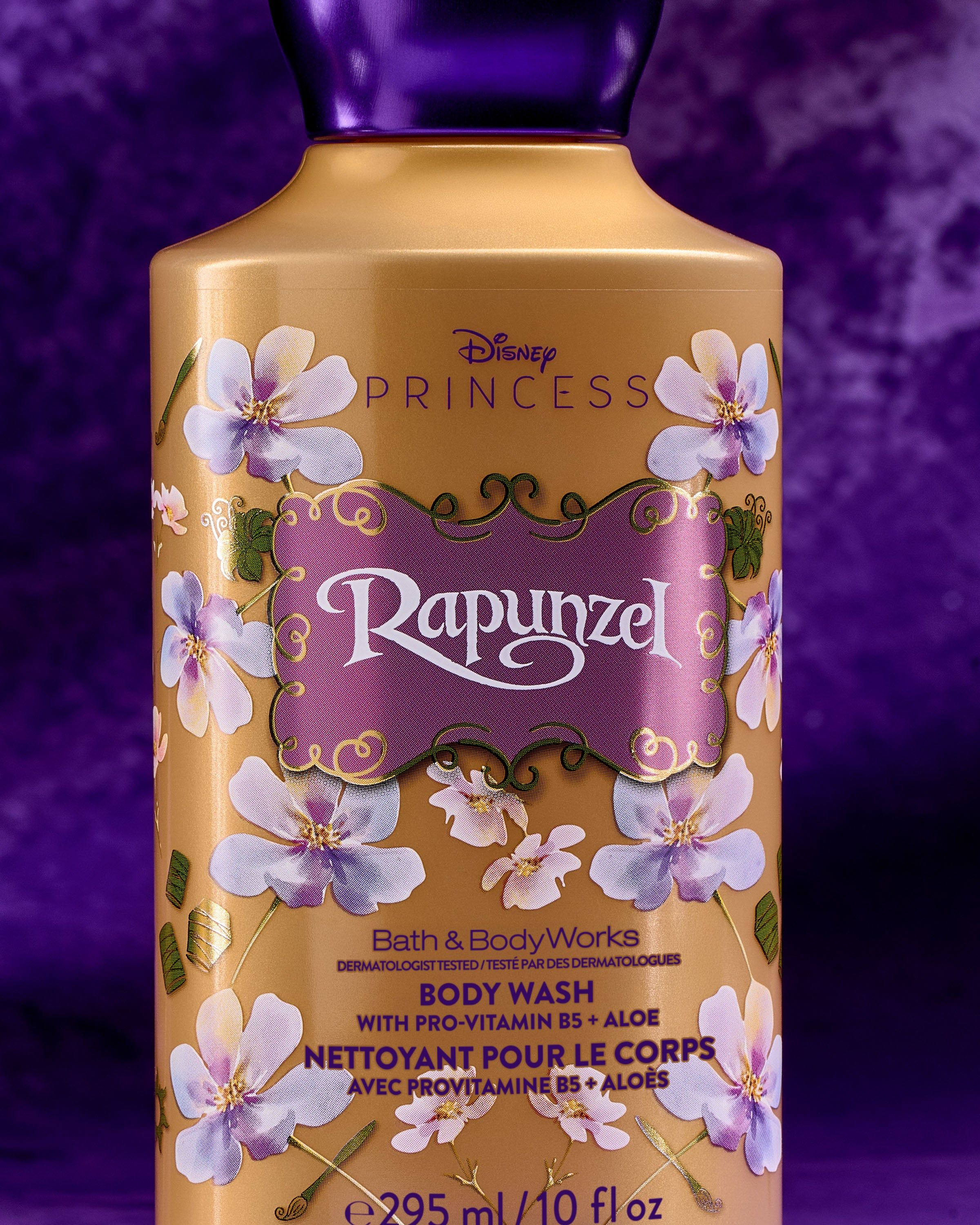 Gel de duș Rapunzel într-un recipient decorativ, inspirat de elementele colecției Disney Princess.