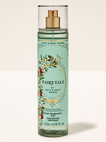 Mgiełcă parfumată Fairytale de la Bath & Body Works, flacon verde cu atomizor și etichetă romantică, florală.
