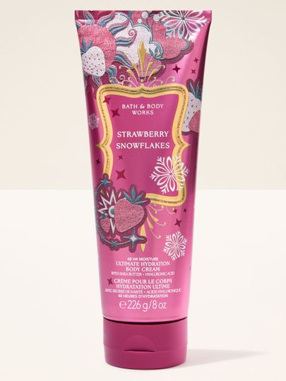Cremă de corp Strawberry Snowflakes Bath & Body Works cu motiv de căpșuni și fulgi de zăpadă