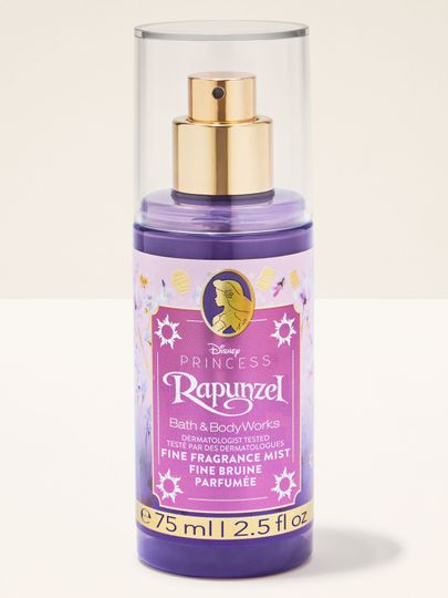 Mini spray parfumat Rapunzel din colecția Disney Princess de la Bath & Body Works, în flacon mov strălucitor.