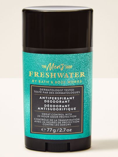 Antiperspirant Freshwater Bath & Body Works pentru bărbați, în ambalaj turcoaz cu aromă proaspătă.