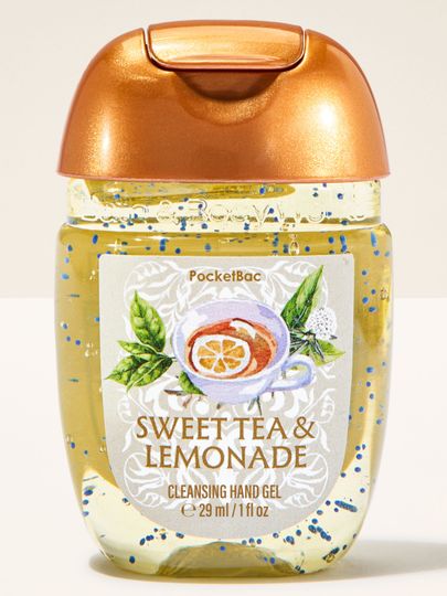 Bath & Body Works Sweet Tea & Lemonade PocketBac – gel dezinfectant pentru mâini într-un flacon galben cu motiv de ceai și lămâie.