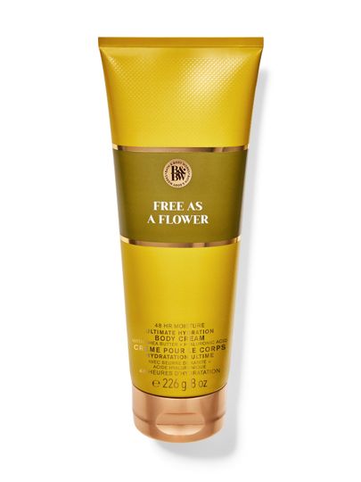 Tub de cremă de corp Bath & Body Works Free as a Flower (226 g) în nuanțe de galben muștar și verde oliv.