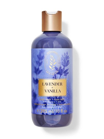Gel de corp și spumă de baie "Lavender + Vanilla" cu etichetă aurie. Bath & Body Works.