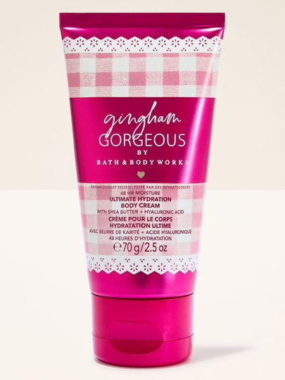 Cremă de corp Bath & Body Works Gingham Gorgeous 70 g, în tub roz cu model gingham clasic.