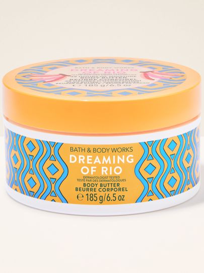 Unt de corp Bath & Body Works Dreaming of Rio cu etichetă geometrică vibrantă.