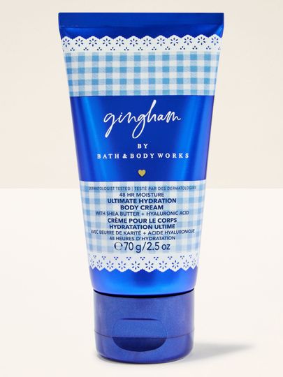 Cremă de corp Bath & Body Works Gingham 70 g, în tub albastru cu model gingham clasic.