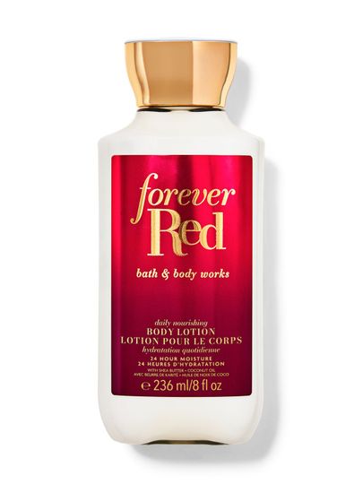 Loțiune de corp Bath & Body Works Forever Red 236 ml, în flacon alb cu etichetă bordo și capac auriu.