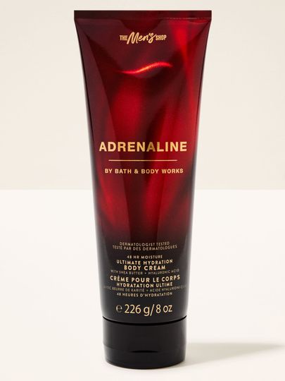 Cremă de corp pentru bărbați Bath & Body Works "Adrenaline" în tub mare, roșu închis, cu gradient lucios.